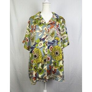 YiNi LuLu Women Silk Satin Pajama Shirt Button Size XL Chrysanthemum Pattern EUC